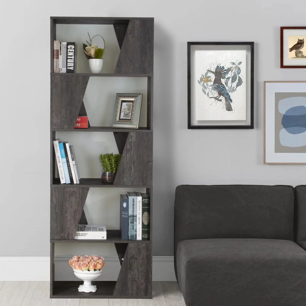 5-tier Wooden Bookcase in Washed Black Finish U97239